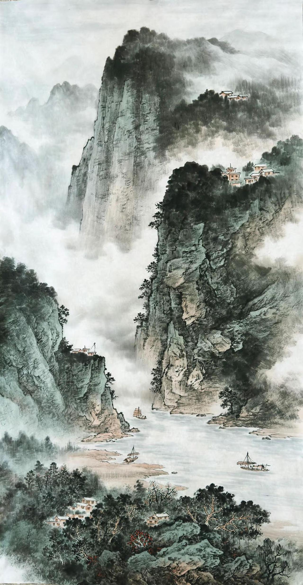 峡江云帆。四尺山水青山绿水山水画创作者中心创作灵感山水作品
