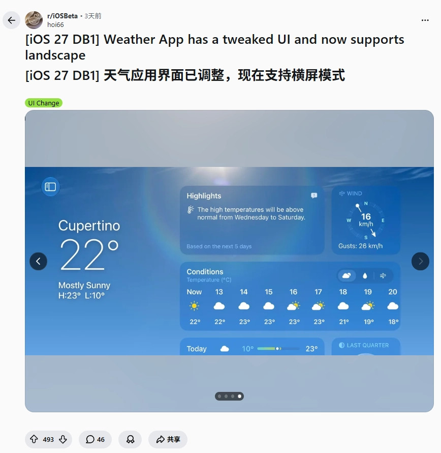 iOS27版天气应用中，苹果新增“亮点”（highlights）版块，会简要