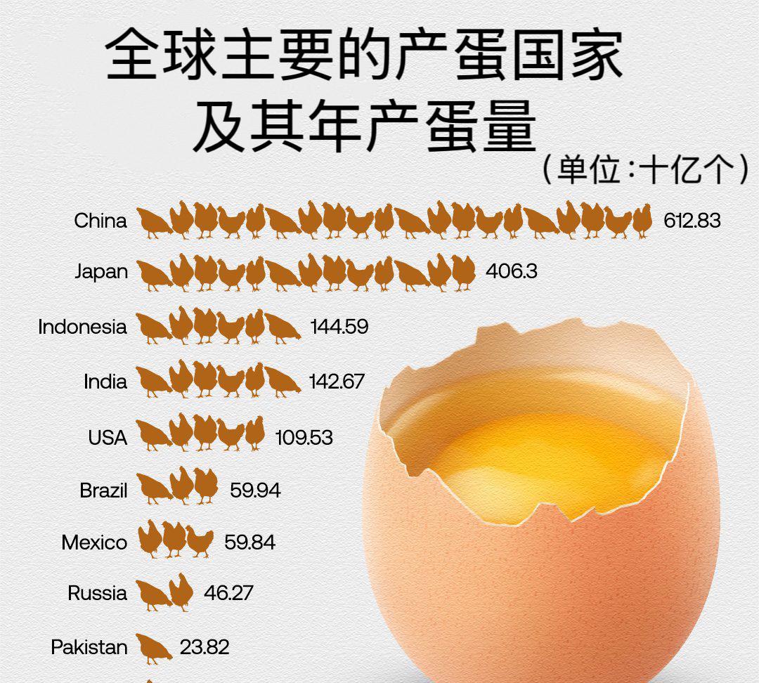 全球主要的产蛋国家及其年产蛋量：1.中国(6128.3亿个）2.日