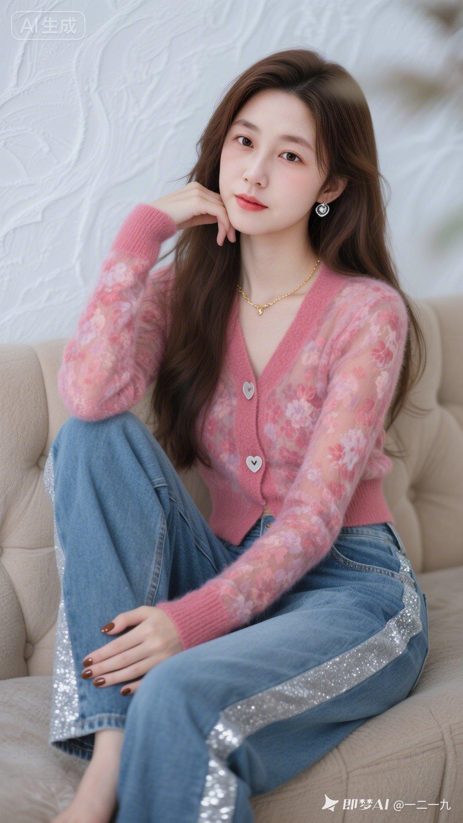 温柔粉毛衣搭配牛仔裤，甜美又时尚！🌸👗👖