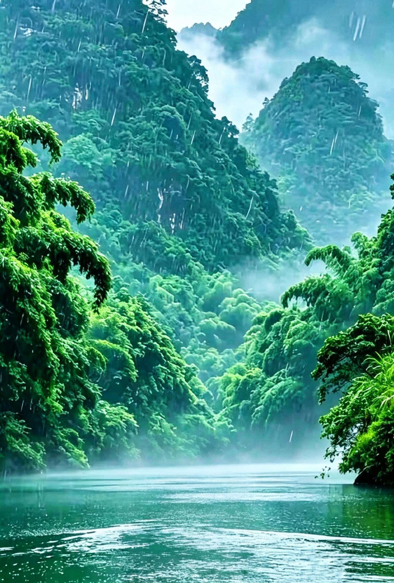 西江月•烟雨翠峰骤雨洗空叠嶂，烟波锁住清湾。千重绿影浸寒澜，尽把尘心浣遍