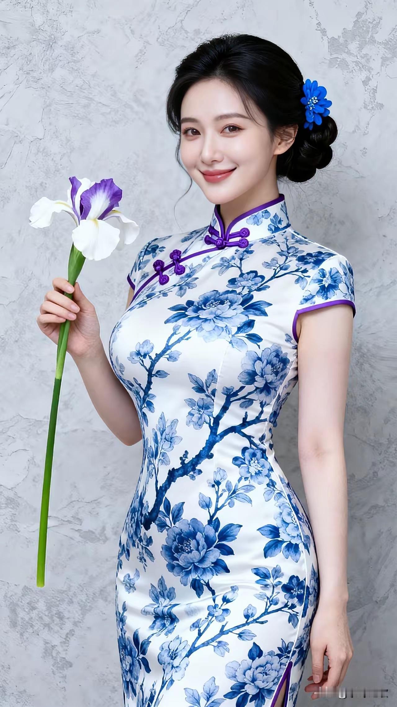 旗袍美人与蓝花相映，优雅动人！