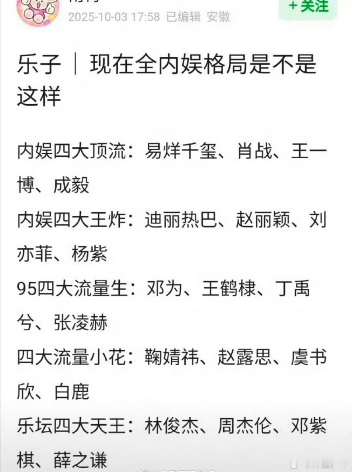 网友汇总全内娱明星格局网友汇总全内娱明星格局，准确吗？内娱四大顶流:易烊千
