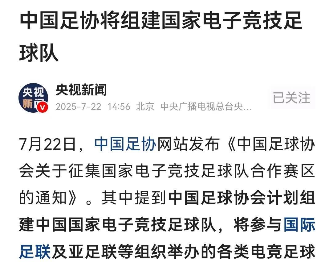 中国足球终于可以进世界杯了据央视新闻消息，中国足协7月22日发布消息称，中国足