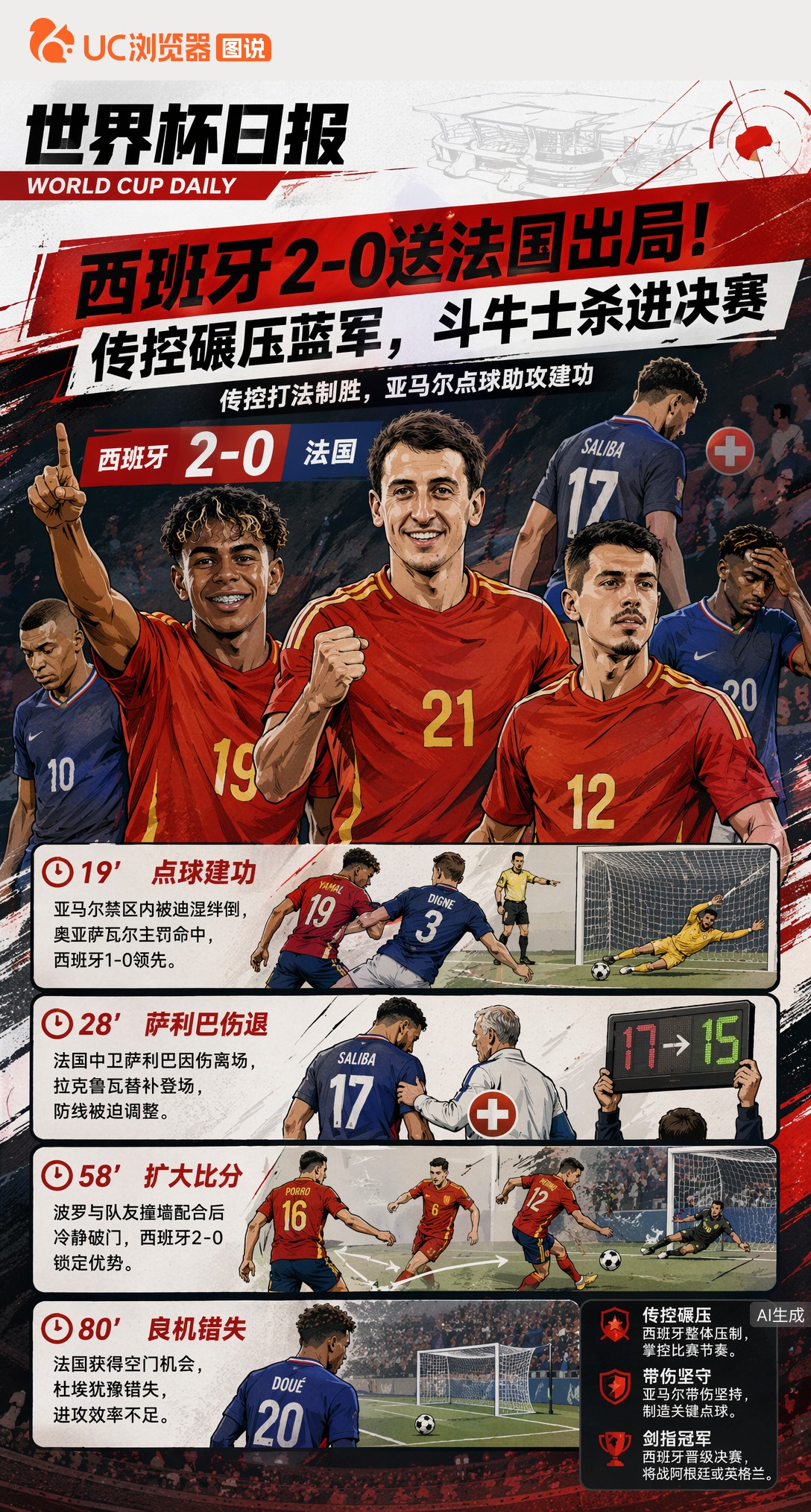 西班牙2-0送法国出局！传控碾压蓝军，斗牛士杀进决赛