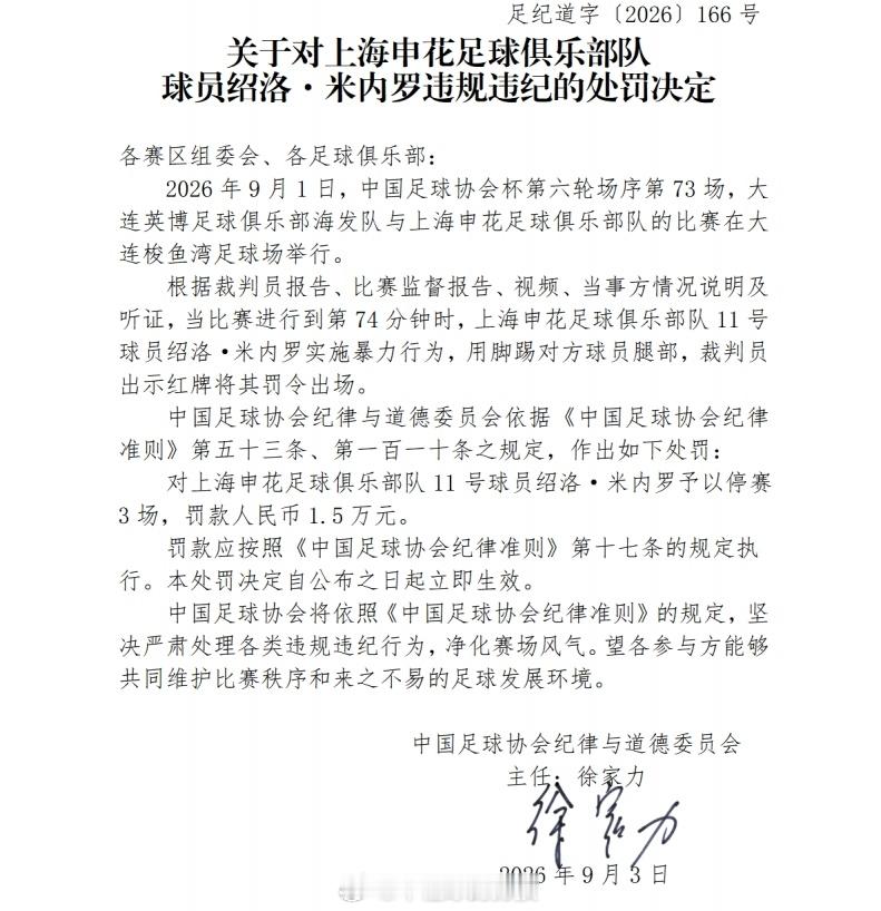 足协官方处罚公告出炉，上海申花外援绍洛·米内罗，因足协杯赛事中脚踢毛伟杰的暴力行为，遭到追加停赛3场