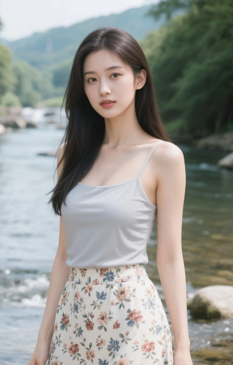 她站在水边，风吹长发，美得像一首散文诗