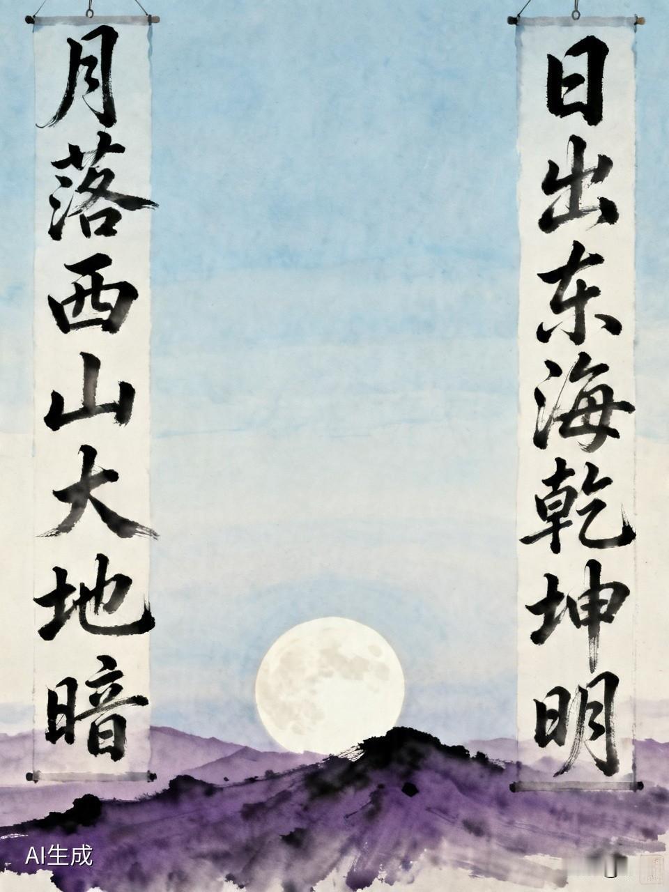 见“月落西山大地暗”上联韵味十足我对“日出东海乾坤明”上联绘月落西山大地