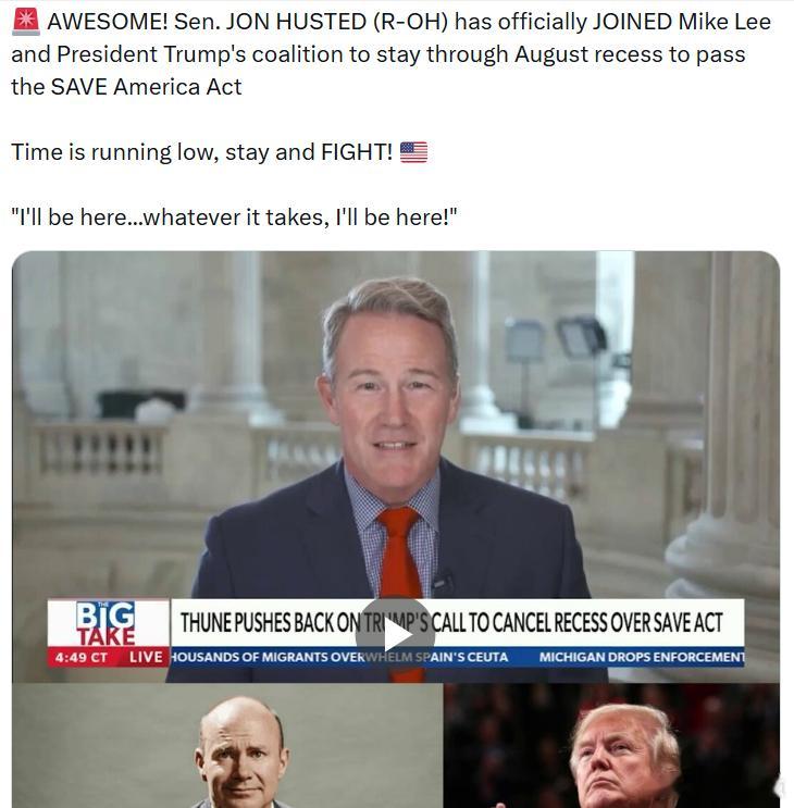 俄亥俄州共和党参议员乔恩·休斯特已正式加入迈克·李参议员和特朗普总统的阵营，支持