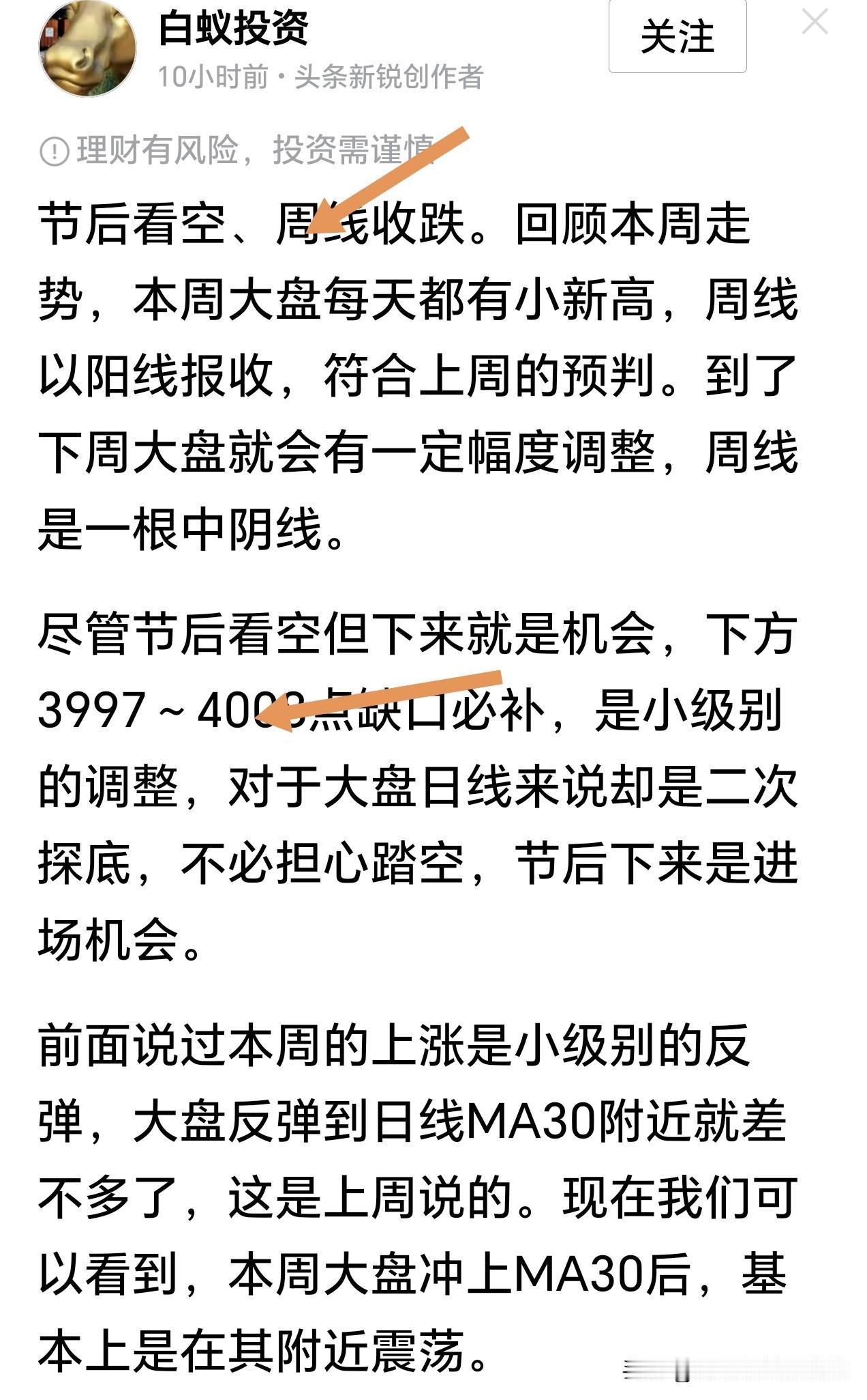 按照这个博主观点，节后做好大跌准备，下图是它刚刚发表的节后大盘走势观点，下周看空