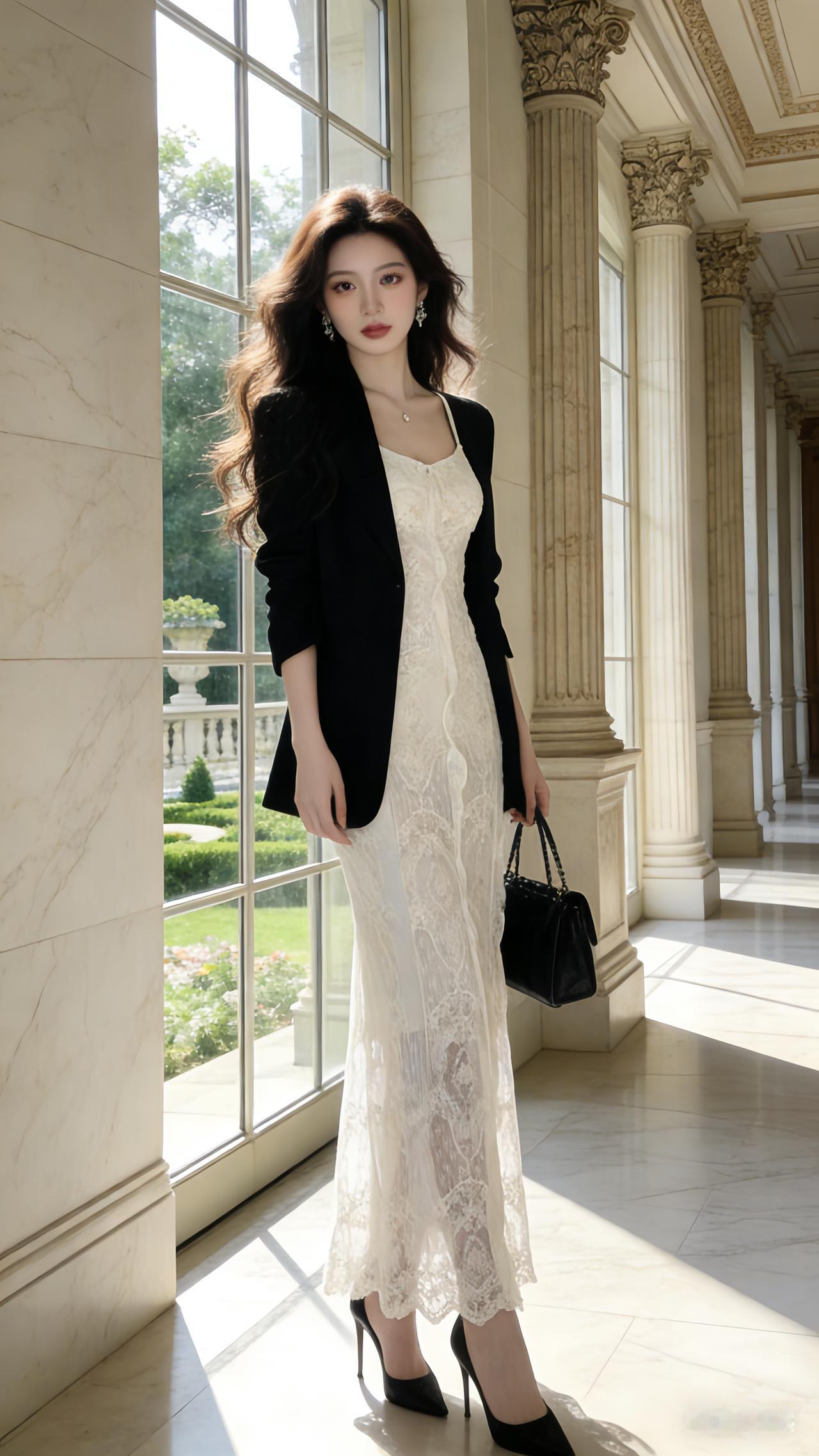 优雅蕾丝裙，黑西装外套，手提包，都市女性风范。