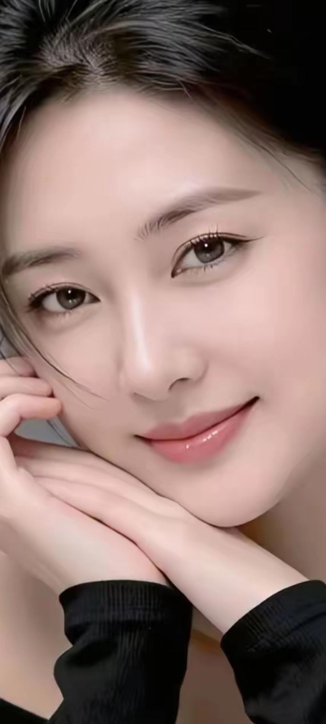 温柔甜美的微笑，黑发红唇，气质迷人！