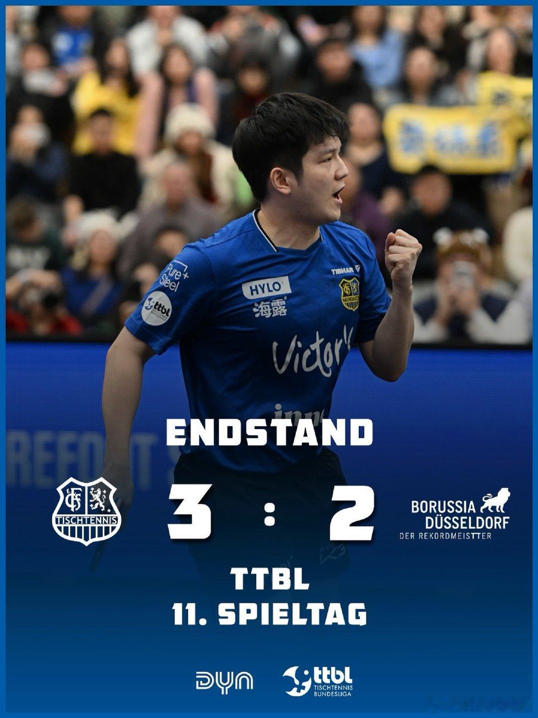 乒乓球德甲第11轮，主场3-2力克杜塞尔多夫，2025完美收官樊振东3-0豪格