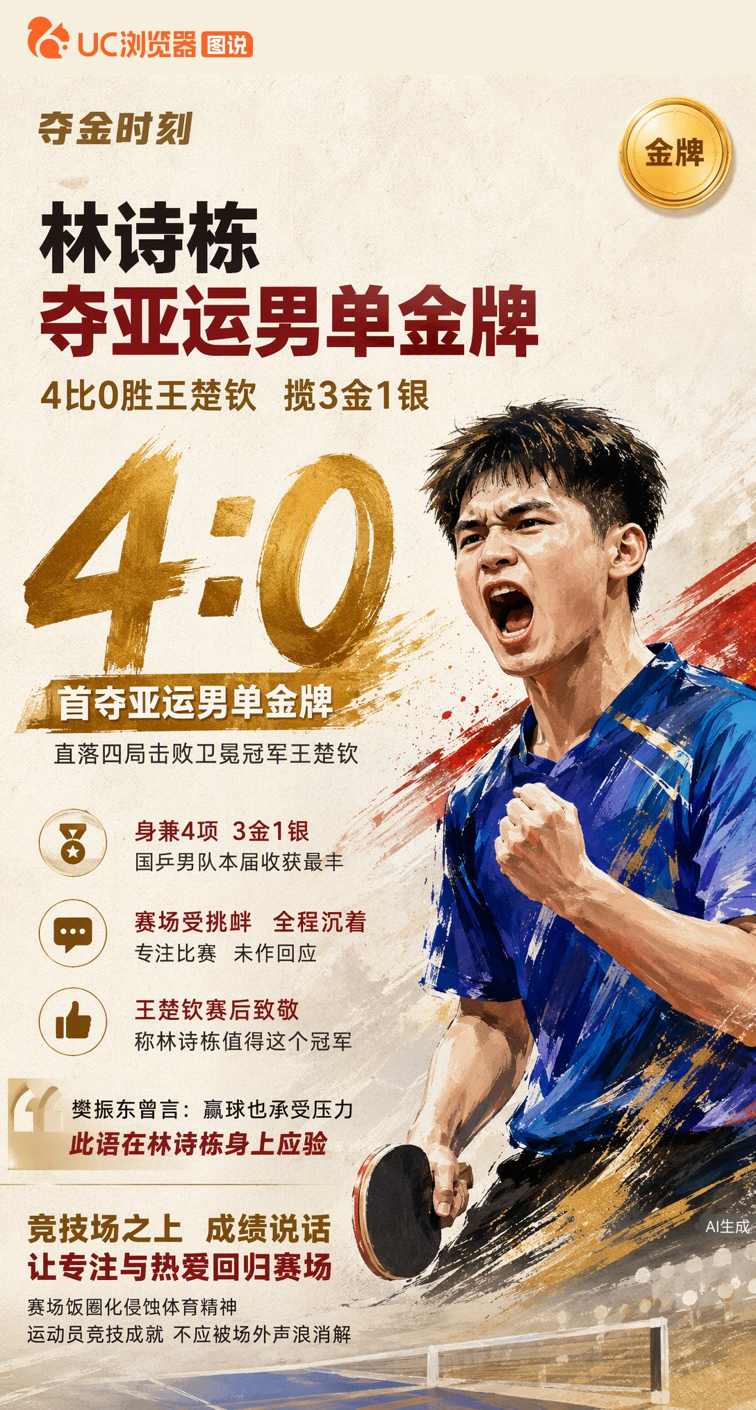 4-0横扫王楚钦！林诗栋首夺亚运男单金牌，身兼四项揽3金1银。颁奖时遭观众挑衅仍保持平静，这枚金牌赢