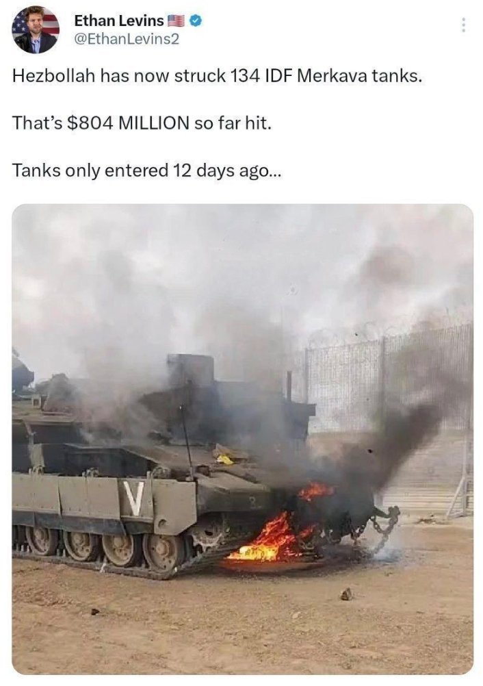 真主党迄今已袭击了以色列国防军(IDF)的134辆梅卡瓦坦克美国记者伊桑·莱文斯