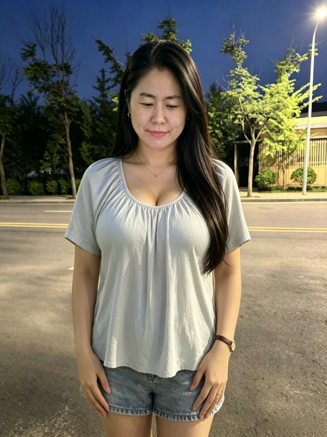 晚天如黛映街灯，轻衫漫随晚风轻。低眉一笑春波软，自有清辉落倾城。