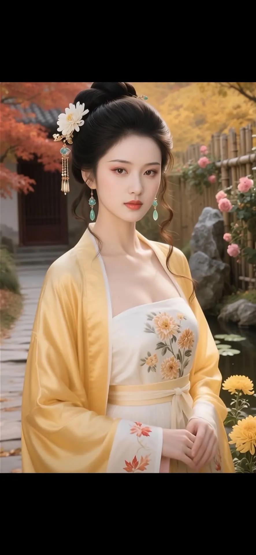 秋日古风美人，花间漫步，韵味悠长。