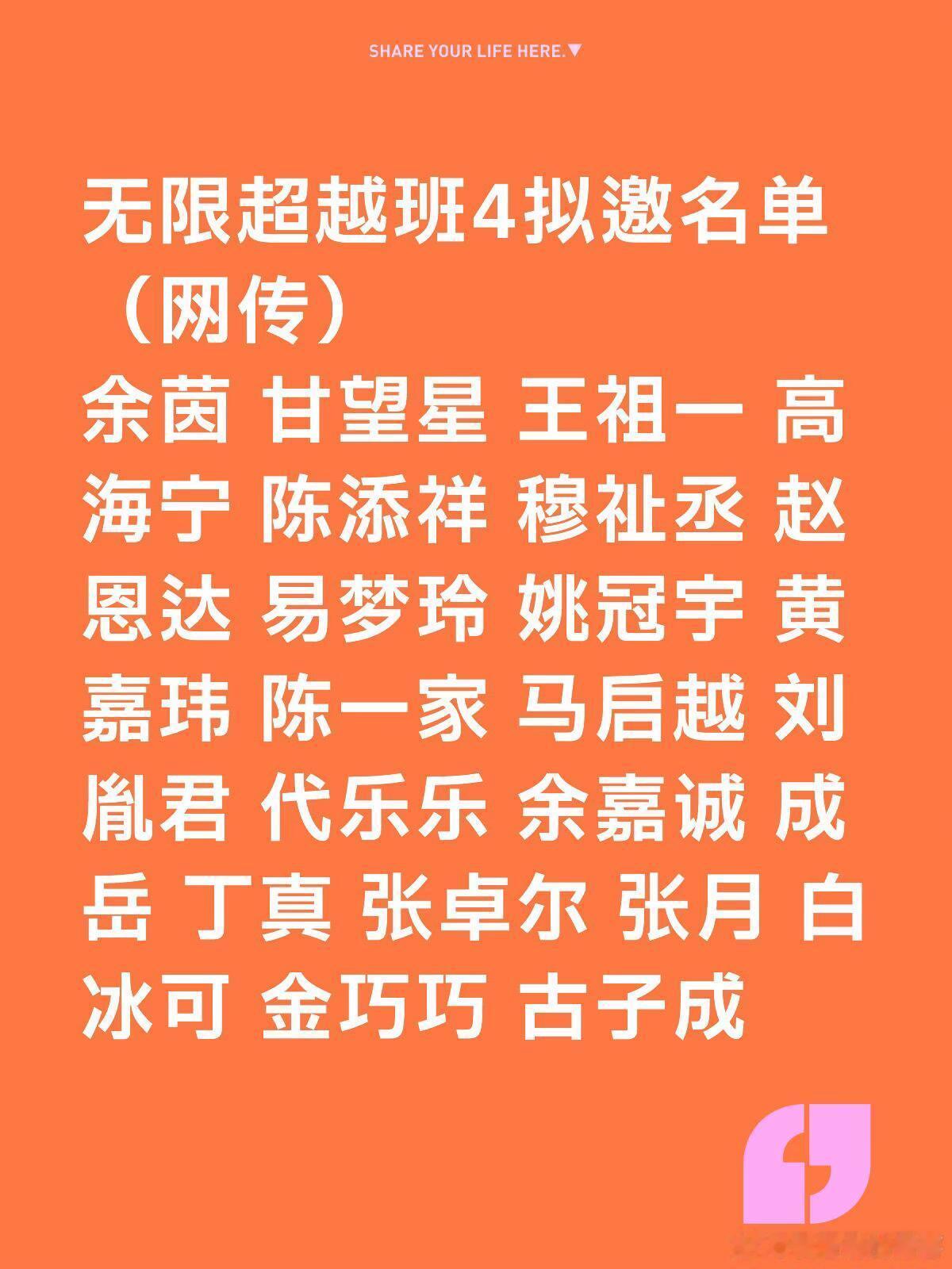 无限超越班4拟邀名单（网传）余茵甘望星王祖一高海宁陈添祥穆祉丞赵恩达
