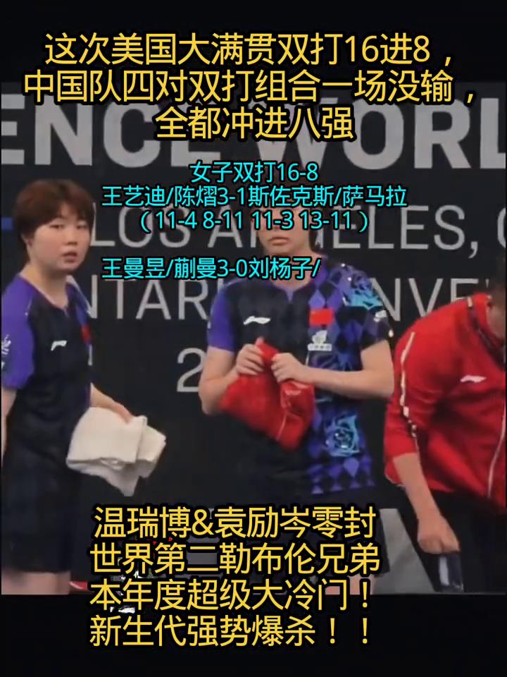 这次美国大满贯双打16进8，中国队四对双打组合一场没输，全都冲进八强。温瑞博&袁