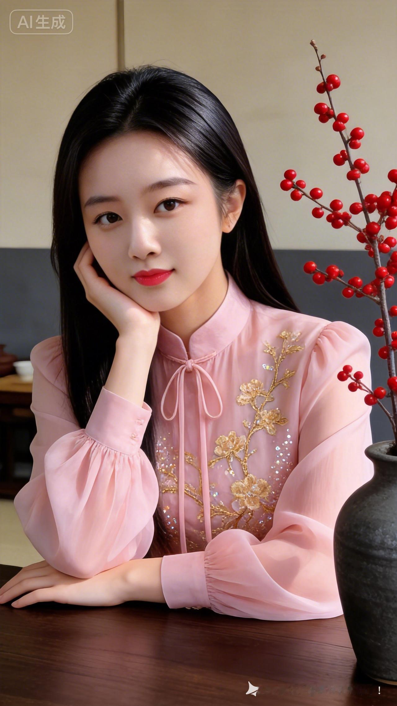 温婉东亚少女，鹅蛋脸肤白通透，淡妆清雅浅笑。黑长直发丝利落分明，托腮静坐茶室。身