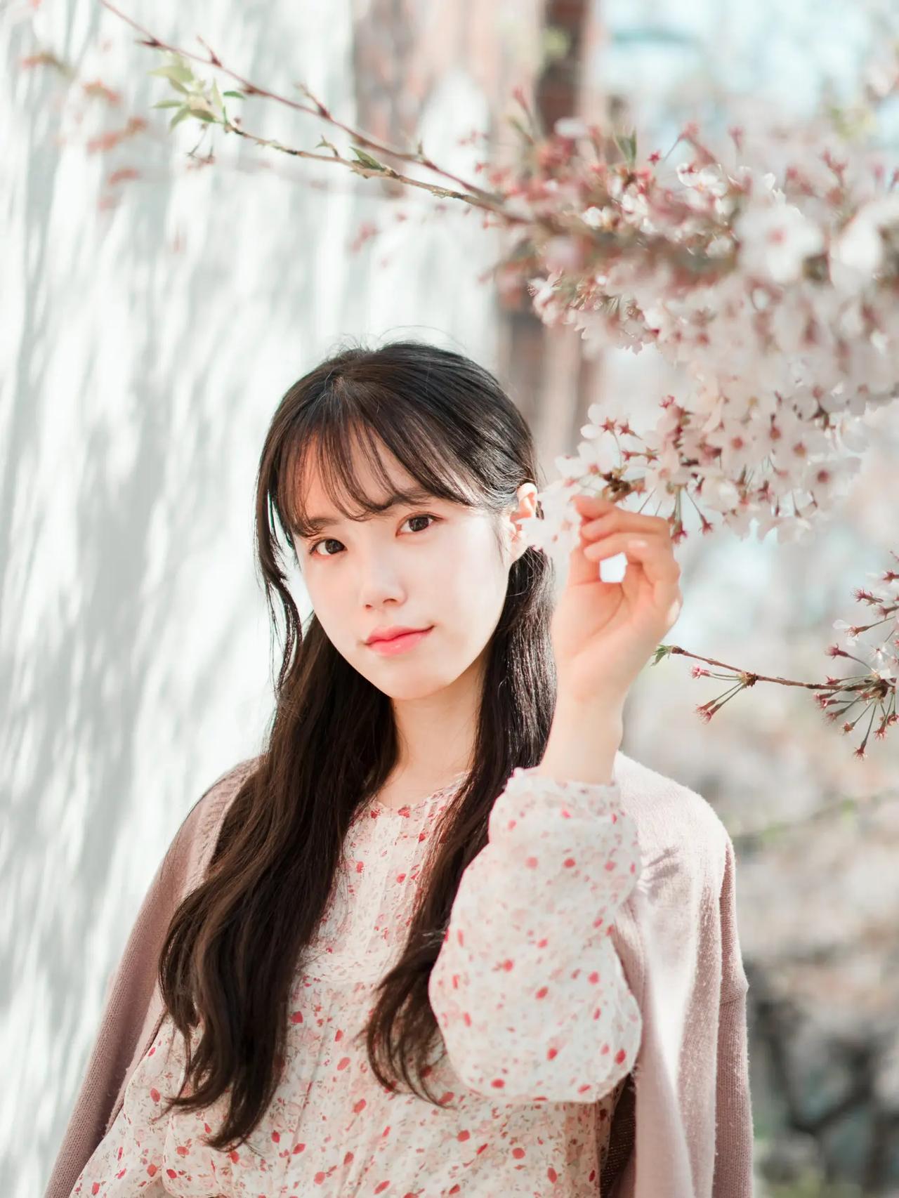 樱花树下，少女轻抚花瓣，温柔如春风。🌸💕精品街拍图片分享