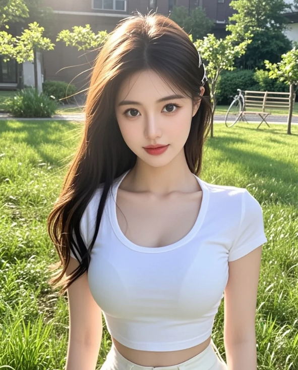 草地上美女绽放的美丽笑容
