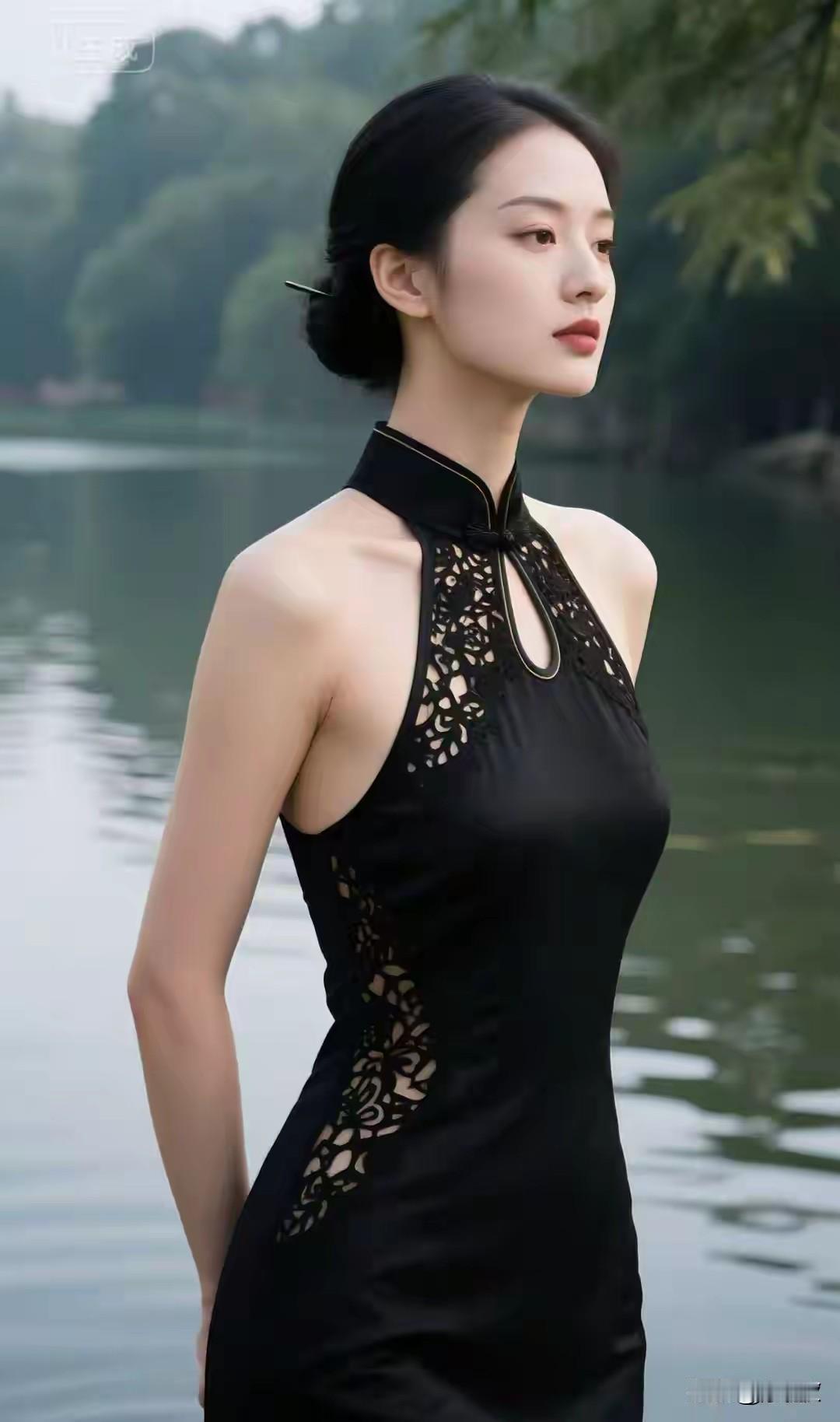 东方韵味，绝色女子一袭黑色，镂空长裙端庄典雅，尽显妩媚千娇百媚，仪态万方