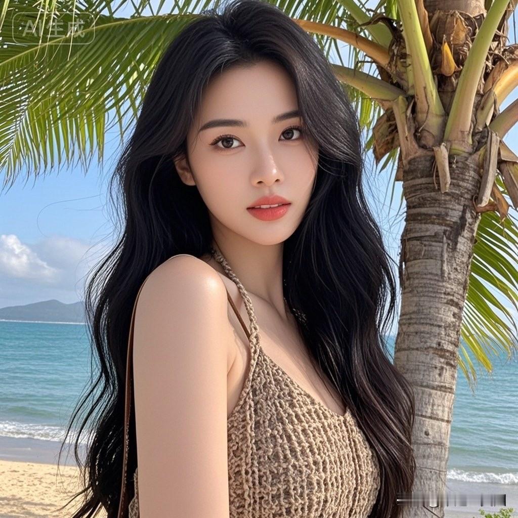 一个女孩在海边穿白裙摆姿势。