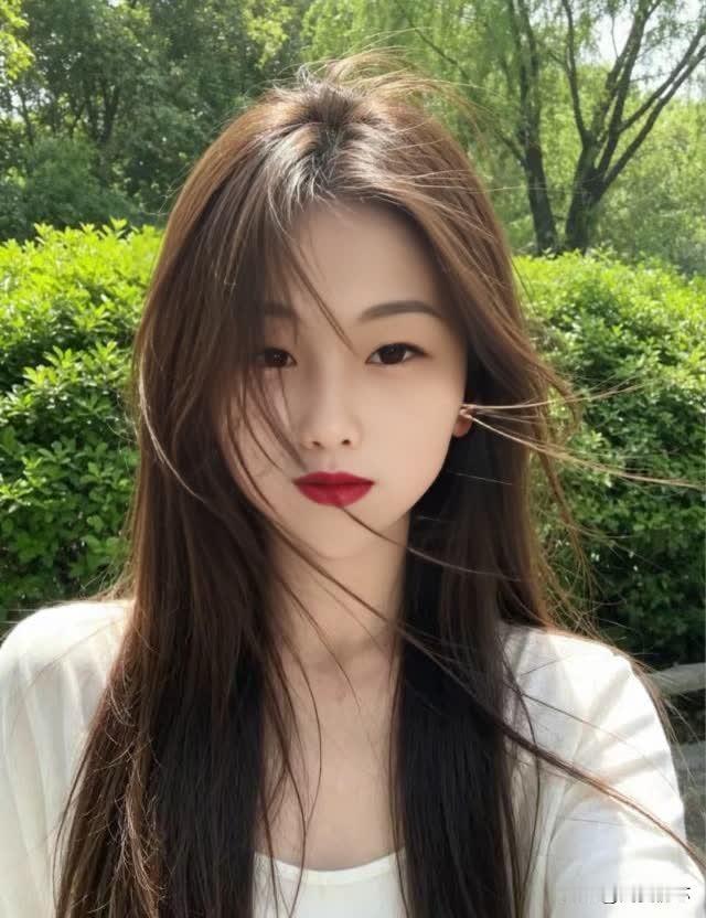 夏日清新少女，绿意盎然背景，红唇微翘，自然妆容，阳光明媚。自然系少女感清透元气