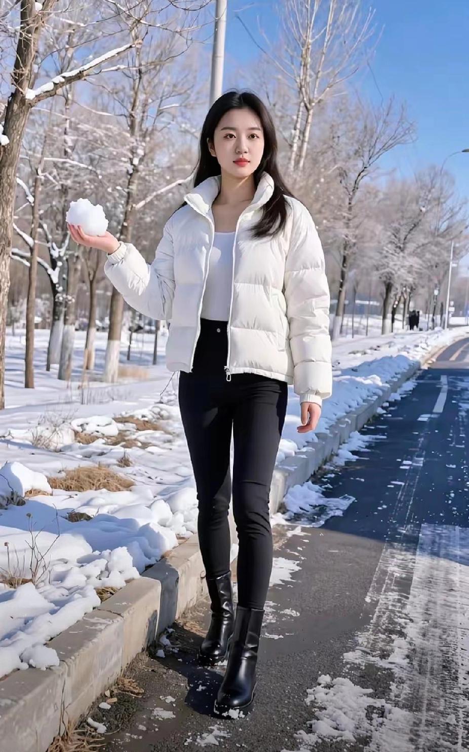 冬日雪景中的甜美少女，手捧雪球，温暖又可爱。