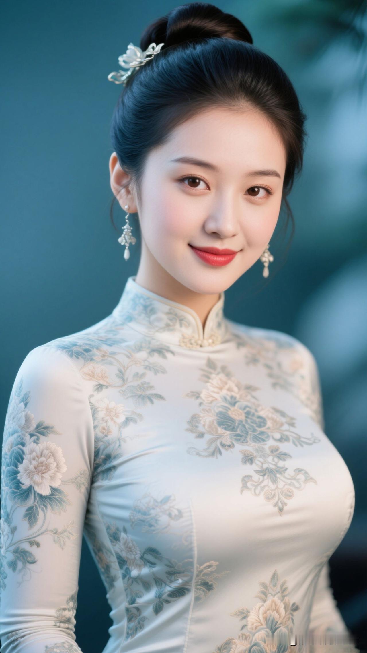 ✨雾蓝旗袍裹住春水的静，牡丹在襟间绽成画，银饰垂着月的韵，她站在那里，就是古典