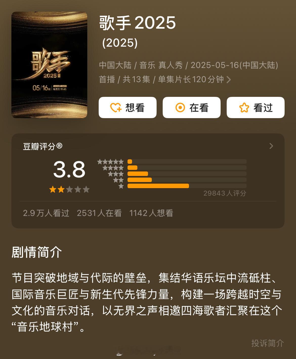 今年的歌手2025豆瓣评分3.8，喜提历届最低分，超过50%的人打了一星，这届口