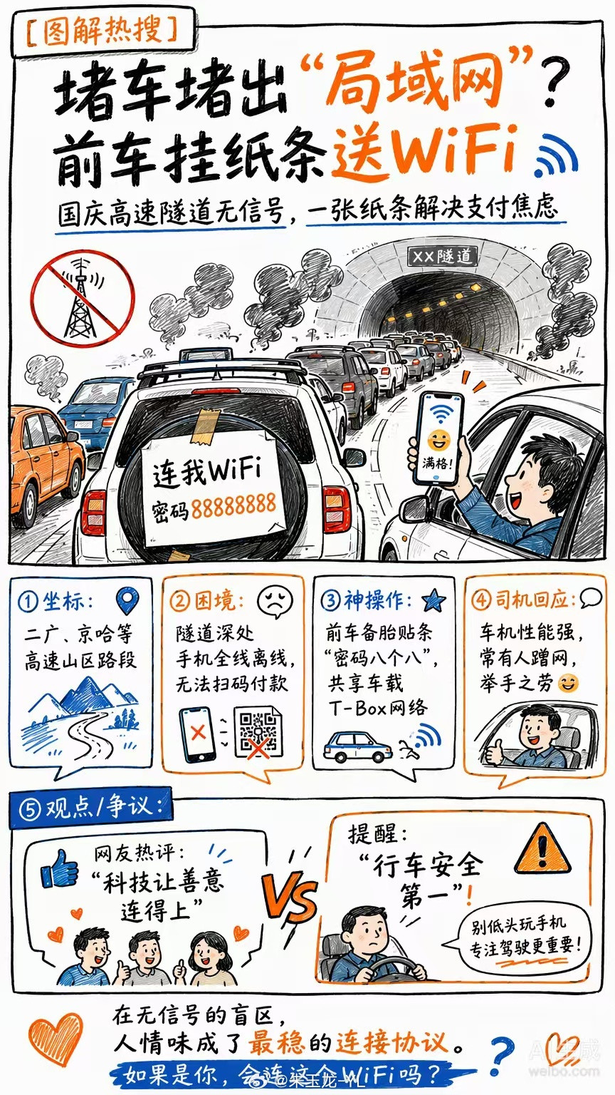 高速堵车悬挂免费WiFi司机发声原来这波是个技术秀国庆假期一名游客在隧道山区路段