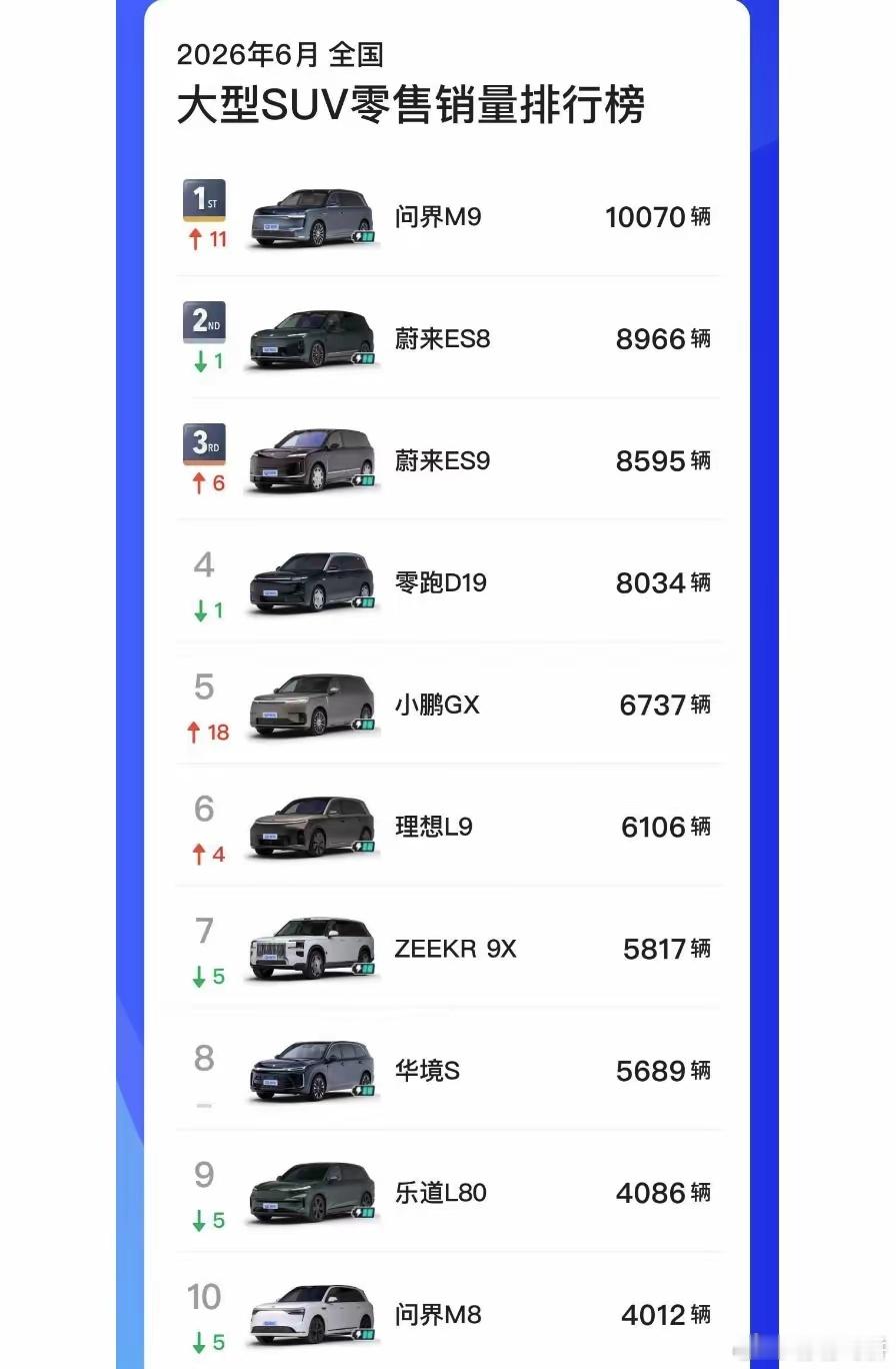 6月大型SUV排行，极氪9X跌到5817辆，问界M9强势登顶，突破万台了。蔚来E