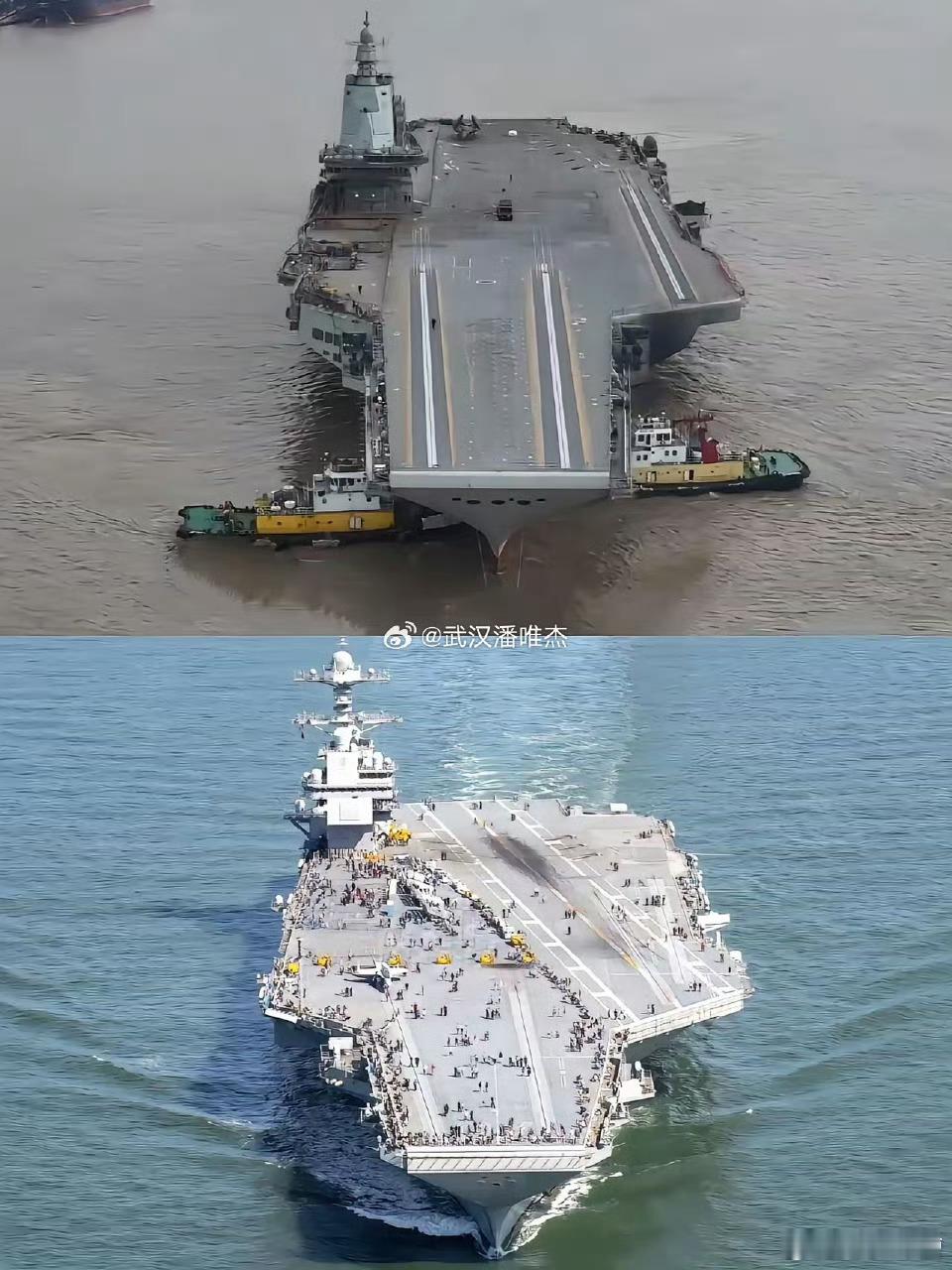 福特号和福建舰同角度对比，福特号天线更多，方便晒衣服，所以更先进[大笑][大笑]