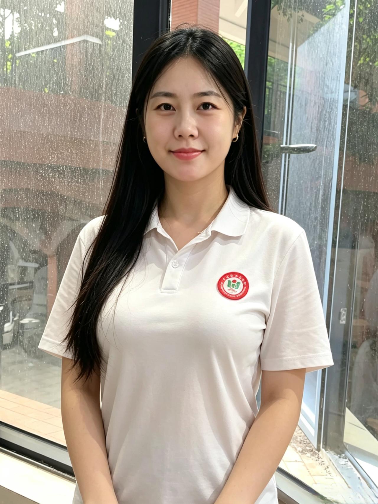 白衫轻搭玉肩头，窗外淅淅雨未休。淡淡清容安似水，余生相伴无愁忧。