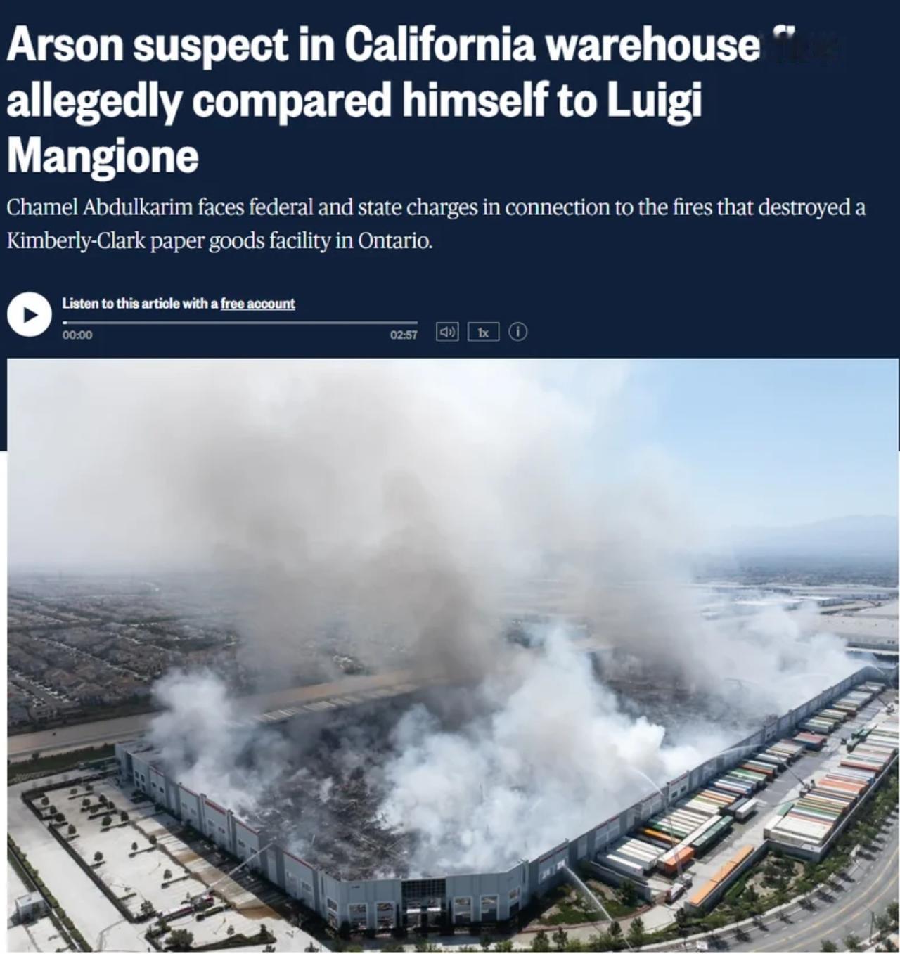 美国一员工嫌工资太低纵火烧毁仓库，损失高达6.5亿美元当地时间上周二，洛杉矶以