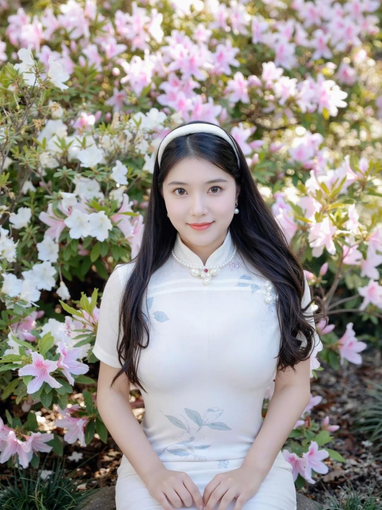 站在花丛间，连拂面的风都裹着温柔🍃米白色短袖旗袍缀着淡蓝手绘花卉，雅致又不挑