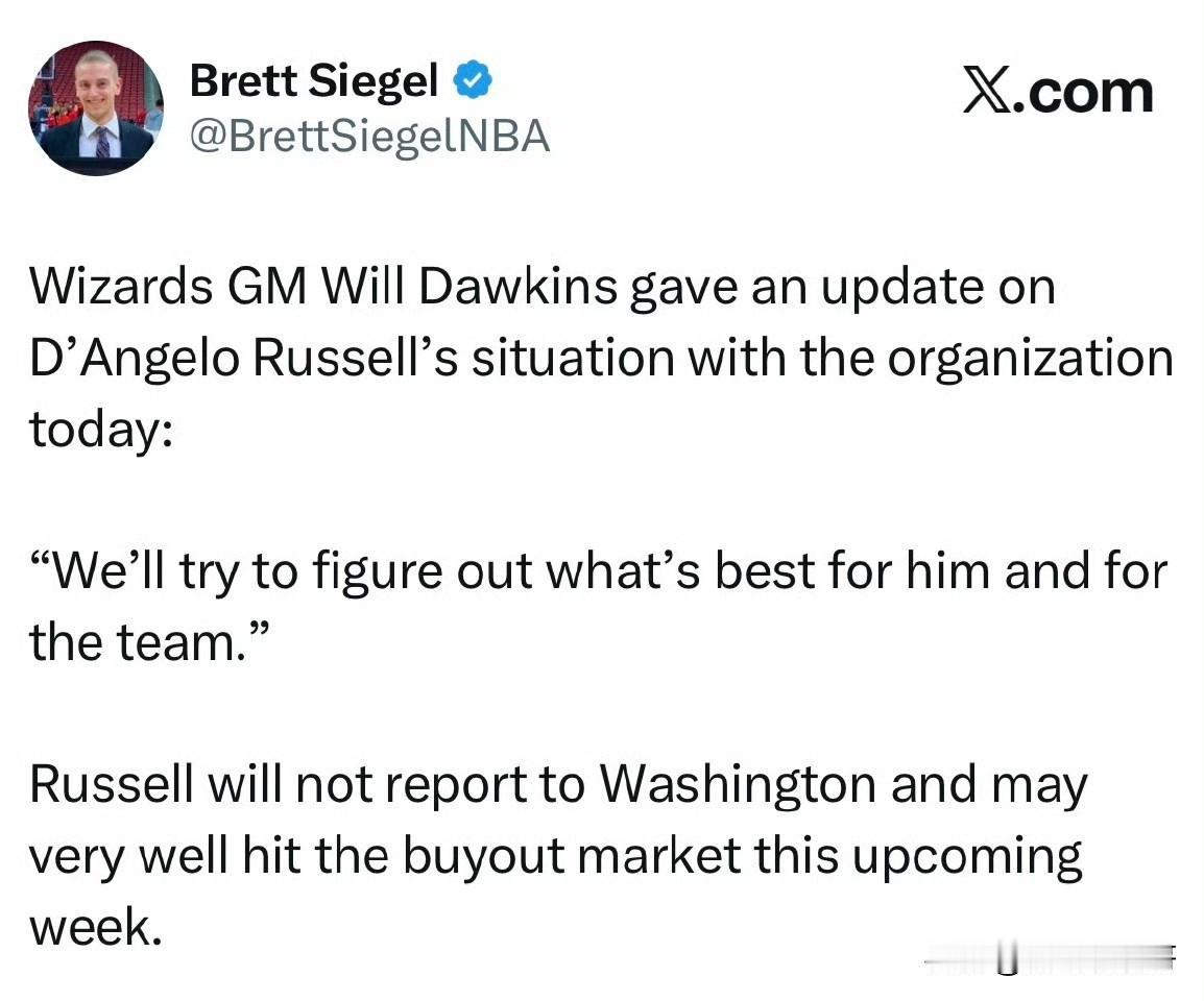 水拉要失业了！！！拉塞尔不会前往奇才报到，预计会和奇才达成买断！根据记者Si