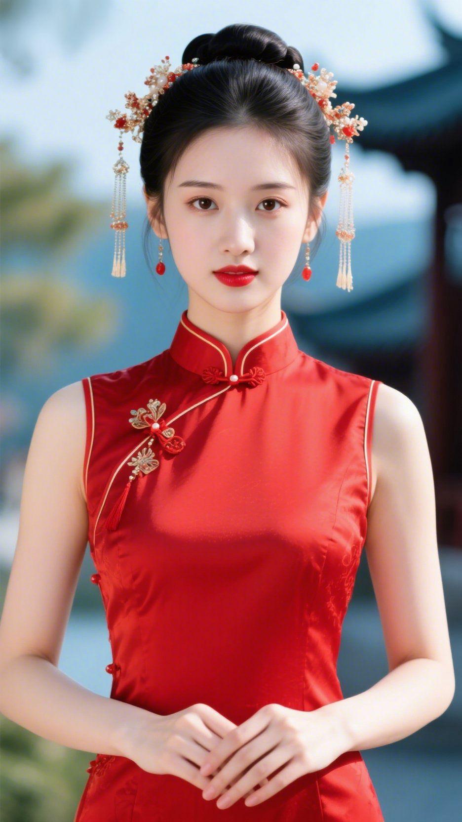 《红妆立古檐》风掠黛瓦，她静立湖畔。正红无袖旗袍裹着江南的秀雅，金线滚边顺