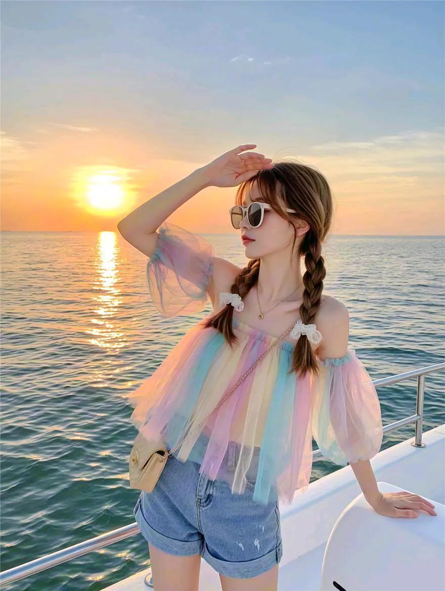 海边日落下的少女