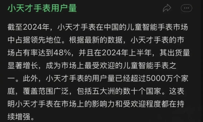 小天才智能手表在中国超过5000万个家庭在使用，占儿童手表的市场占有率48%，是