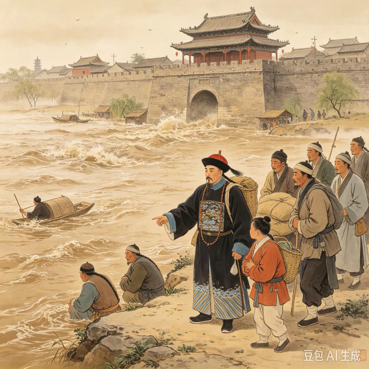 清朝时，黄河涨水泛滥，洪水径直灌进怀庆城里，沈庆之逃到城外一处高地躲避大水。他忽