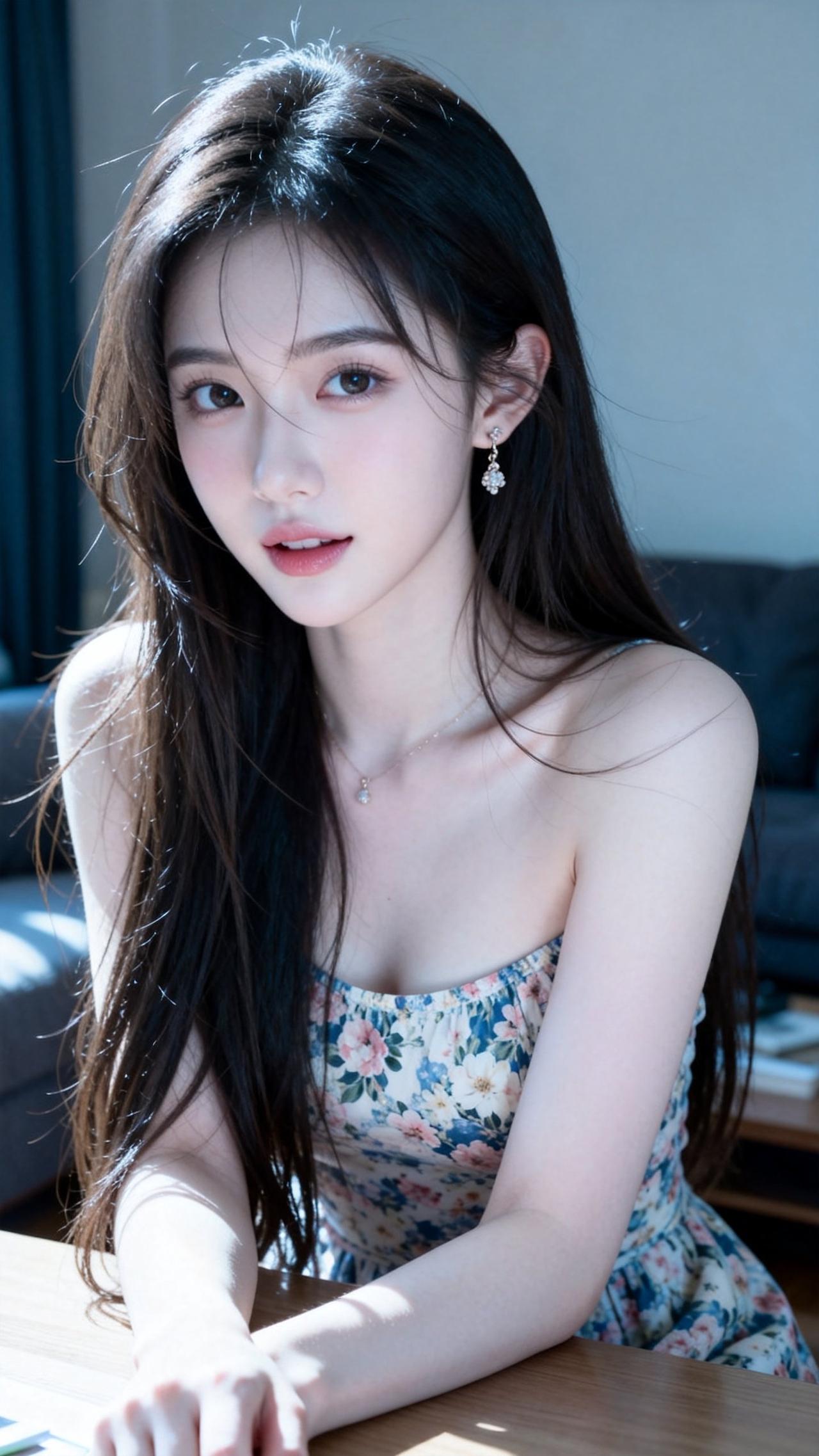 温柔甜美的少女，花裙与长发的完美搭配，散发着自然的光彩。温柔花裙少女白裙少女风
