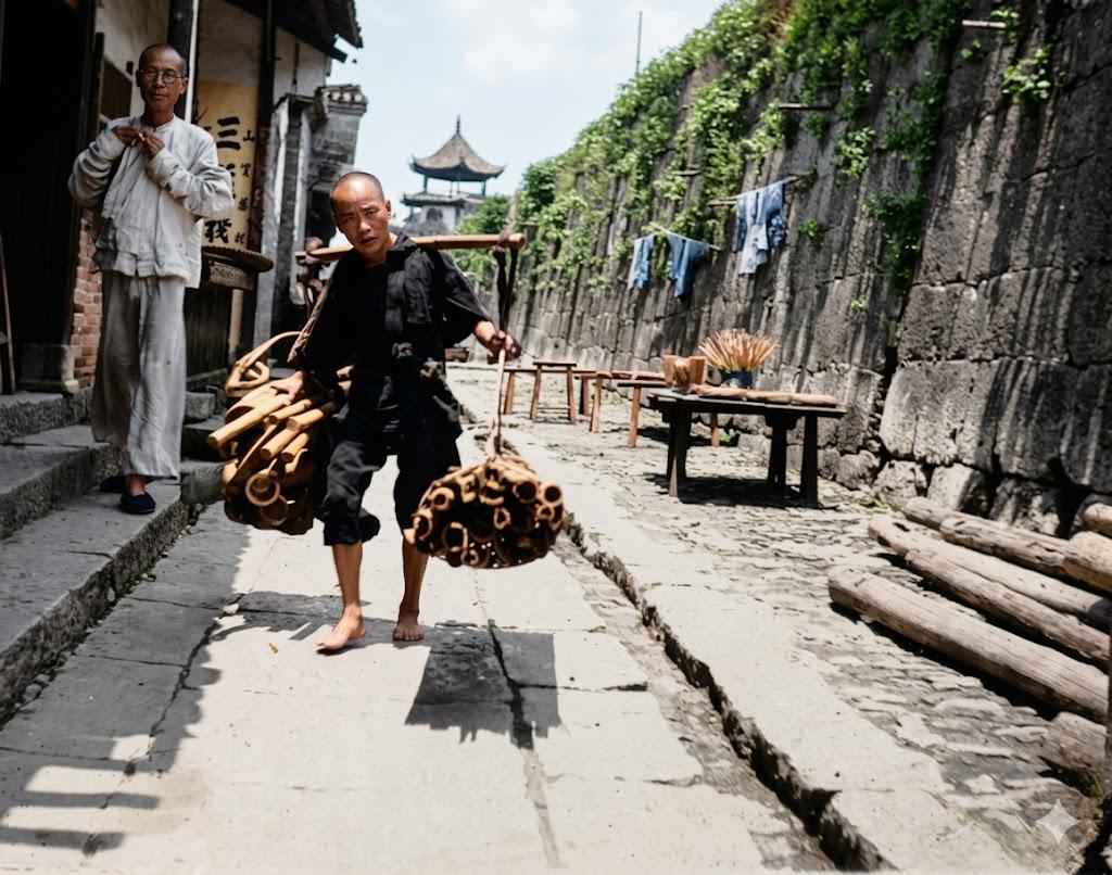 民国，盛夏，长沙古城墙下，赤足短打扮的本地小贩，一根扁担挑满圆筒状日用杂货，在青