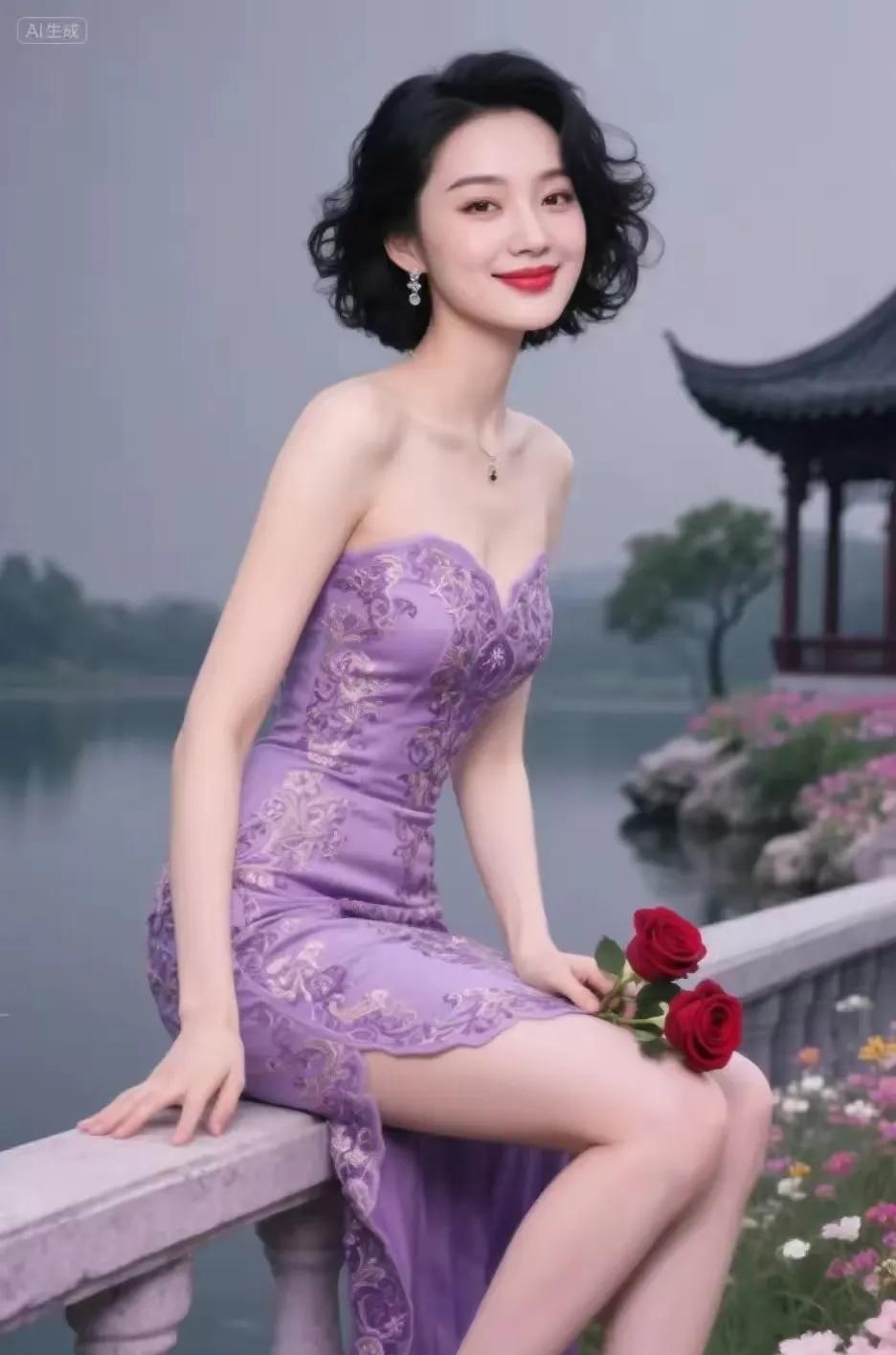紫裙湖畔佳人卷发披肩映紫裳，湖桥娇坐韵悠长。红颜相伴玫瑰艳，一幅丹青古典