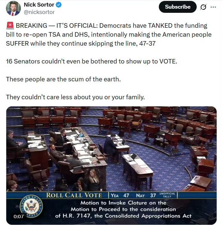 尼克·索特：民主党人已经否决了为重新开放运输安全管理局和国土安全部提供资金的