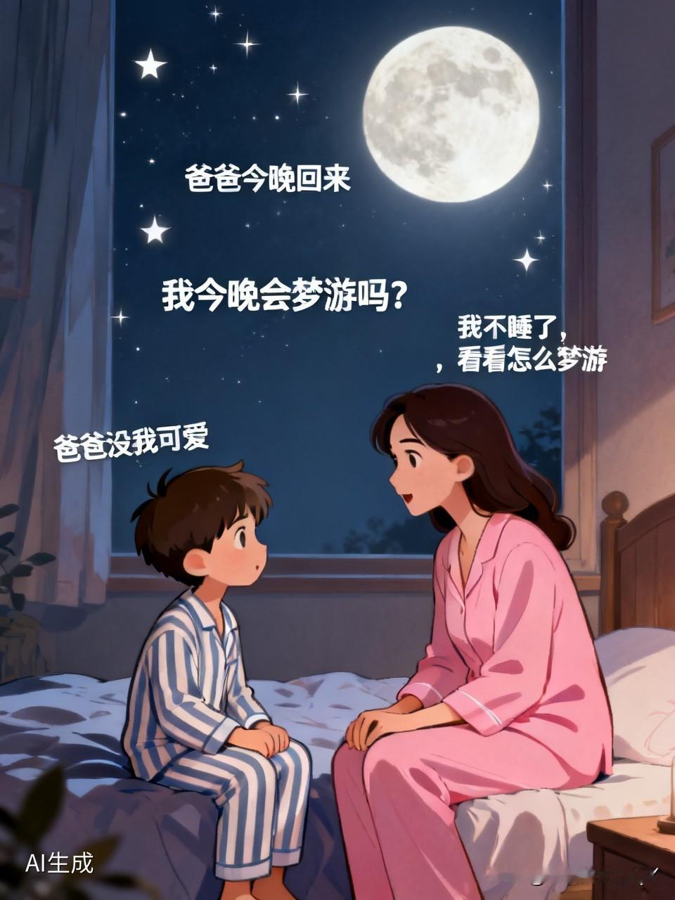 这对母子的对话太有趣了。妈妈对儿子说：“今天晚上你爸爸就回来了。”小男孩问道