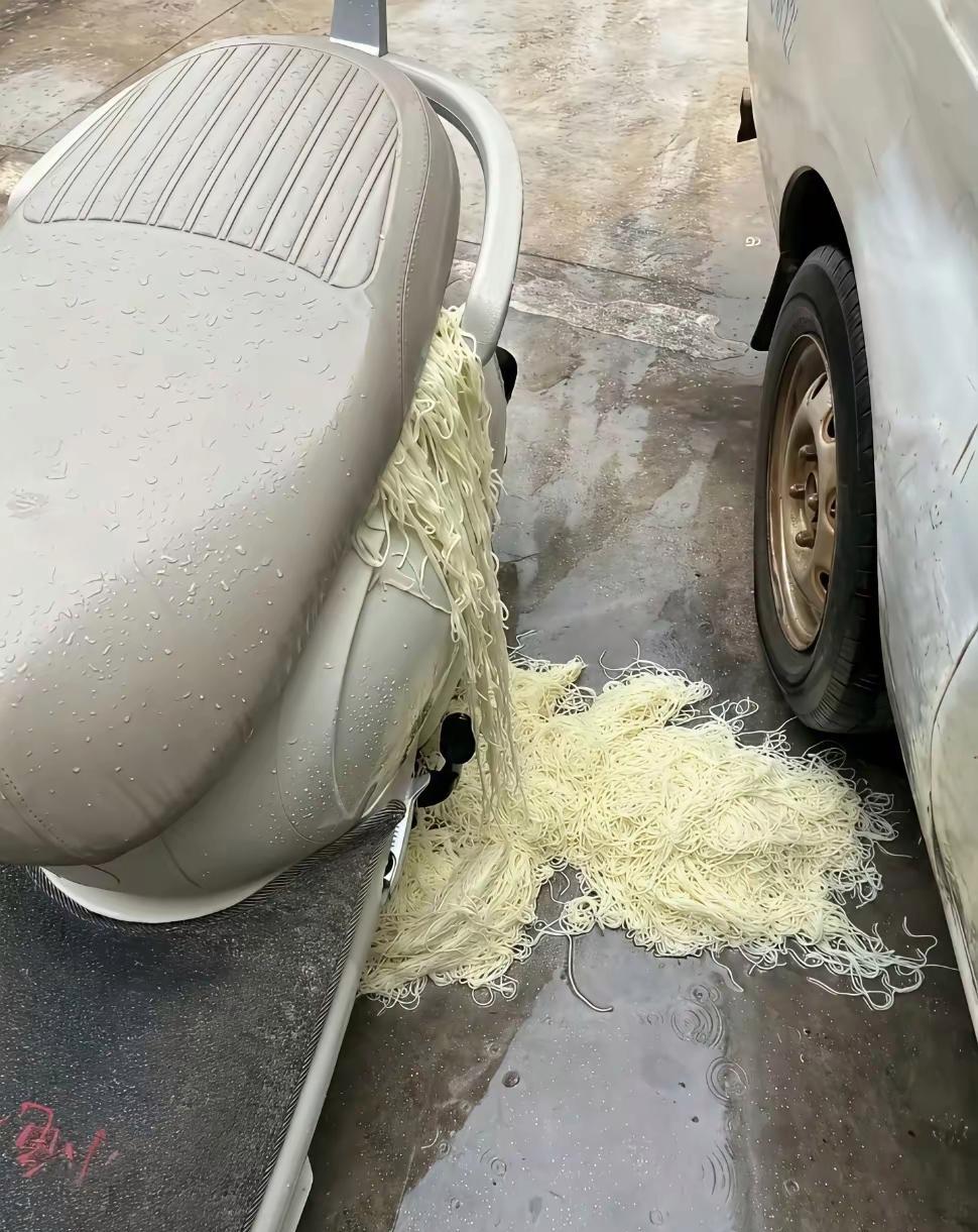 你这到底开的多快啊，车都退面条了！