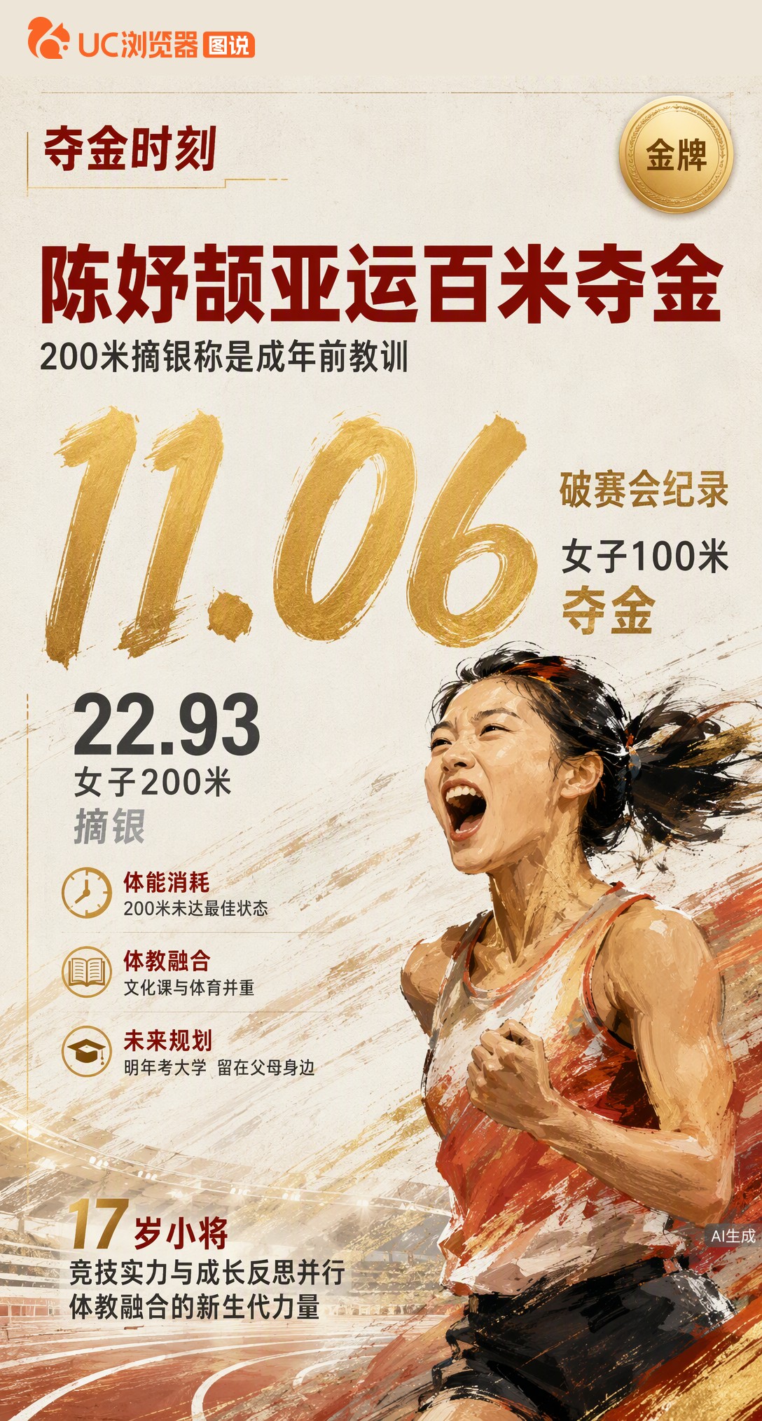 17岁陈妤颉名古屋亚运百米11秒06破赛会纪录夺金！200米摘银后坦言是成年前教训，这份清醒比金牌更